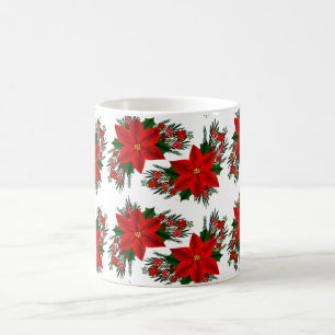 Mug Élégant Rouge Floral Poinsettia Pine Feuilles