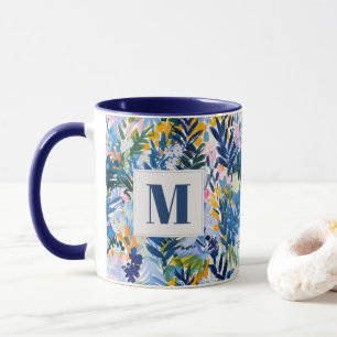 Mug Élégant Royal Blue Abstrait Botanical Monogrammé