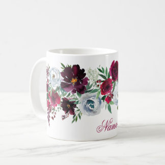 Mug Elégant Rustique Bourgogne Bleu Roses et pivoines