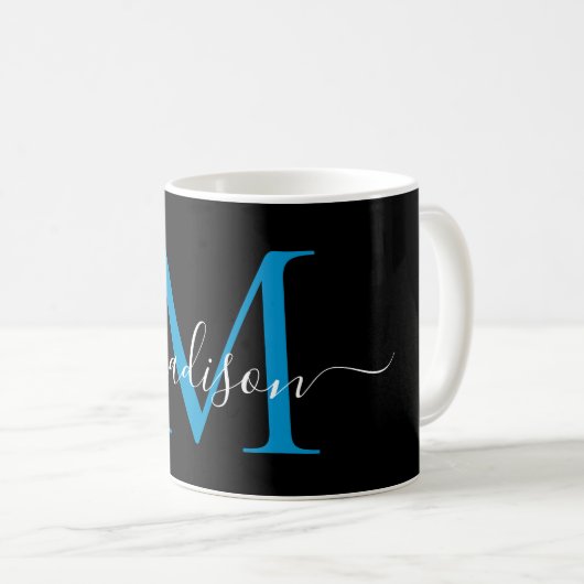 Mug Élégant Script de Monogramme Bleu Chic Black Ocean (Devant droit)