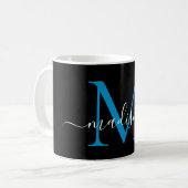 Mug Élégant Script de Monogramme Bleu Chic Black Ocean (Devant gauche)