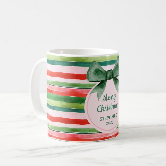 Mug Élégant Vert Rouge Grilles Ruban Noël (Devant gauche)