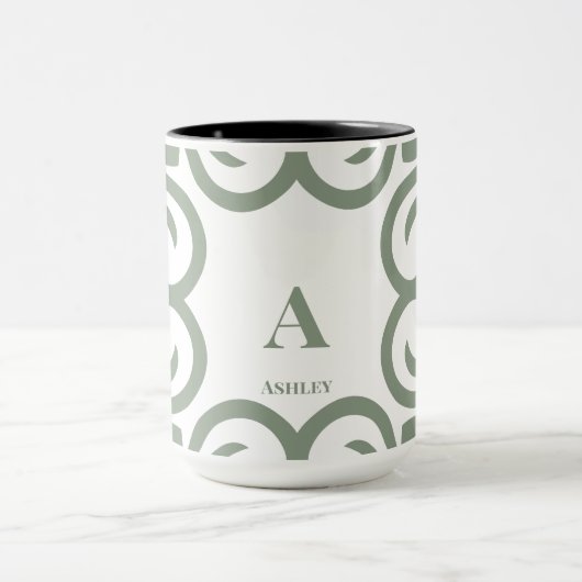 Mug Élégant Vert Sauge Poussiéreux Monogramme Script (Centre)