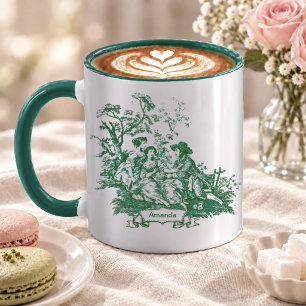 Mug Élégant Vert Toile de Jouy Vintage Monogramme