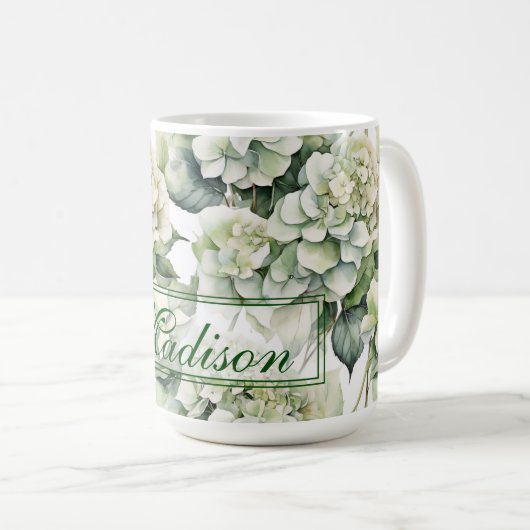 Mug Elégante aquarelle blanche vert hydrangée florale (Devant droit)