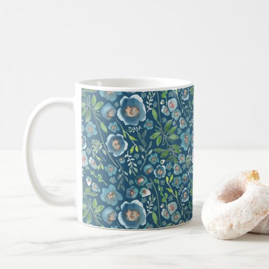 Mug Elégante aquarelle bleue motif floral (Avec donut)