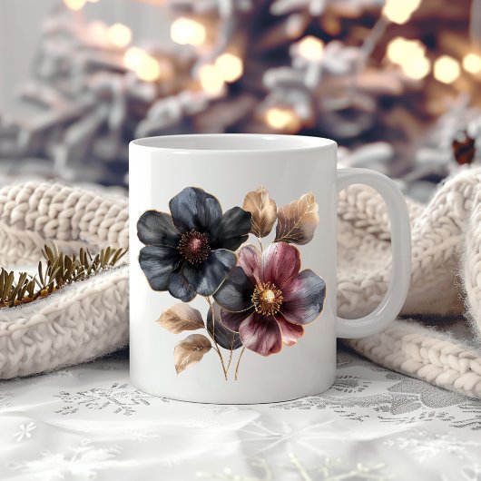 Mug Elégante aquarelle or noir fleurs bordeaux
