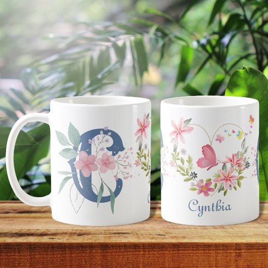 Mug Elégante aquarelle papillon floral Monogramme C