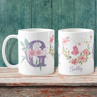 Mug Elégante aquarelle papillon floral Monogramme G