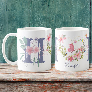 Mug Elégante aquarelle papillon floral Monogramme H