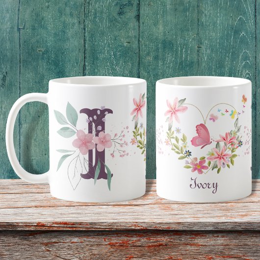 Mug Elégante aquarelle papillon floral Monogramme I