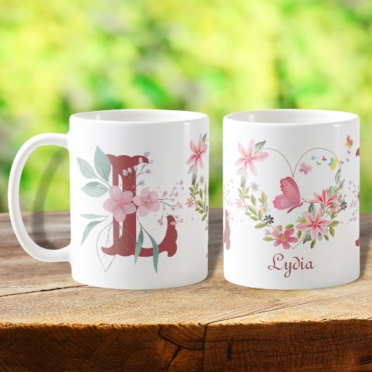 Mug Elégante aquarelle papillon floral Monogramme L