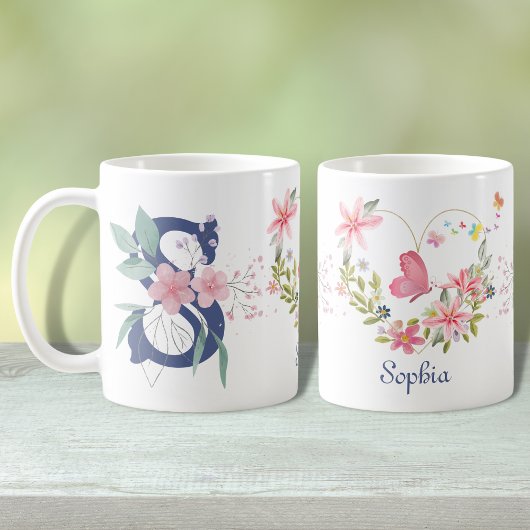 Mug Elégante aquarelle papillon floral Monogramme S