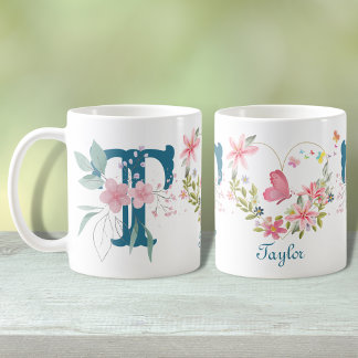 Mug Elégante aquarelle papillon floral Monogramme T
