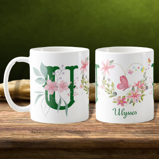 Mug Elégante aquarelle papillon floral Monogramme U