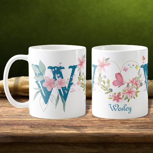 Mug Elégante aquarelle papillon floral Monogramme W