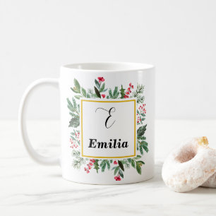 Mug Elégante aquarelle rouge Noël vert Monogramme