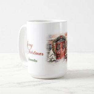 Mug Elégante aquarelle rustique porte rouge neigeux pi
