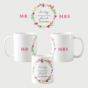 Mug Élégante couronne de fleurs roses M. MRS Noms des 