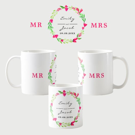 Mug Élégante couronne de fleurs roses M. MRS Noms des