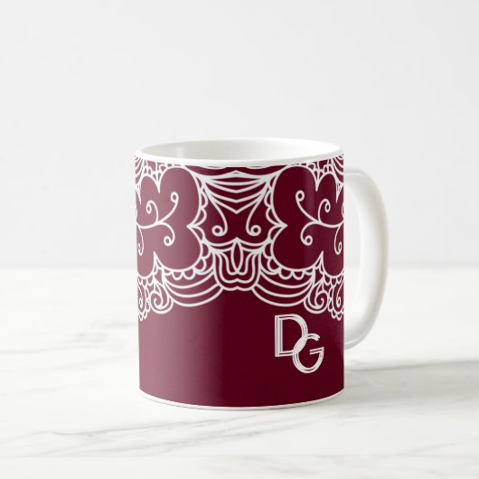 Mug Élégante dentelle blanche bordeaux Monogramme (Devant droit)