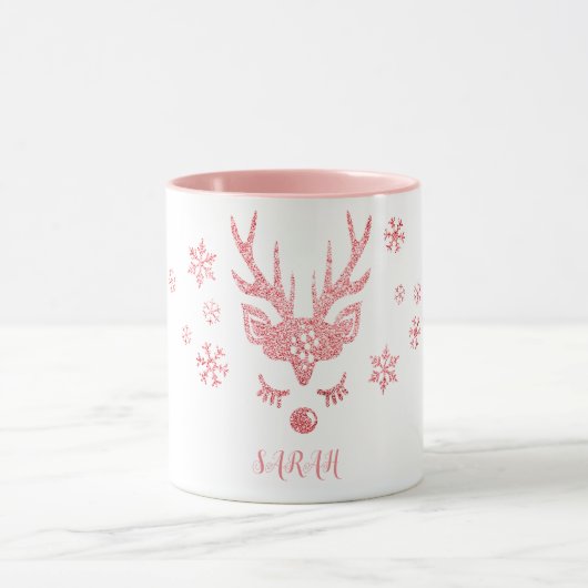 Mug Élégante Fille Pink Snowflakes Reindeer Noël (Centre)