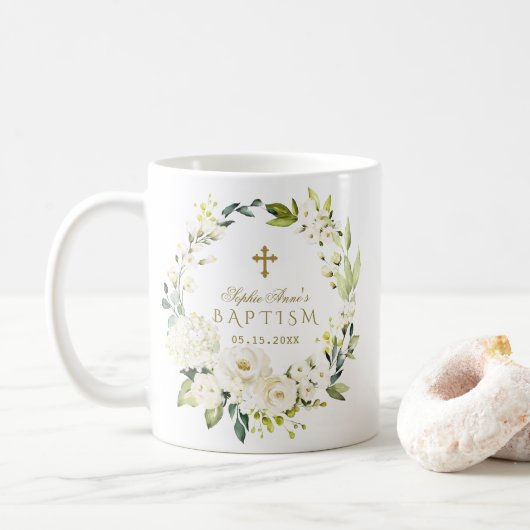 Mug Élégante Fleurs de crème blanche Croix d'or Baptêm (Avec donut)