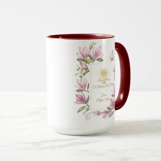 Mug Elégante Fleurs Magnolia Or Première Communion Sai (Devant droit)