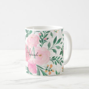 Mug Elégante Fleurs Roses Blanches Aquarelle Florale
