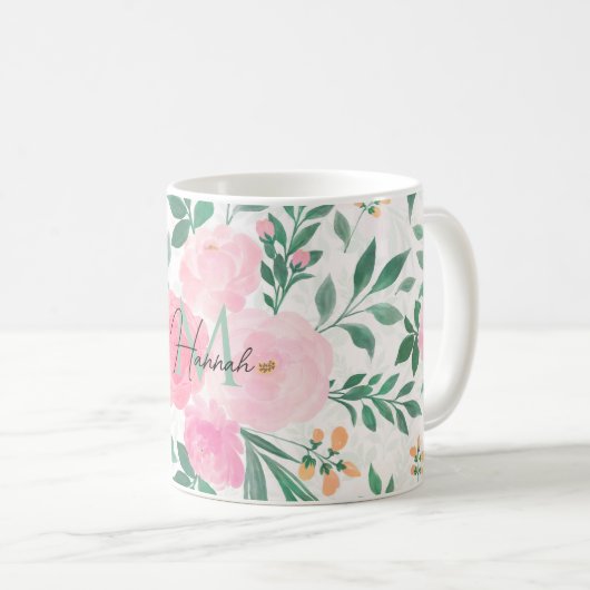 Mug Elégante Fleurs Roses Blanches Aquarelle Florale (Devant droit)