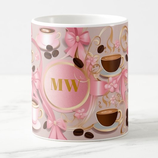 Mug Élégante fleurs roses et ruban monogramme personna