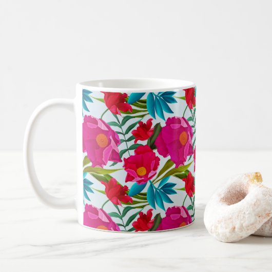 Mug Élégante Fleurs Tropicales Roses Et Rouges (Avec donut)
