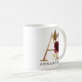 Mug Élégante lettre A aux fleurs d'or et de bordeaux (Devant droit)