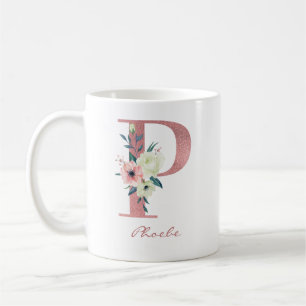 Mug Élégante lettre florale P Pink and Ivory Bouquet