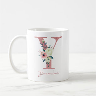 Mug Élégante lettre florale Y Pink and Ivory Bouquet