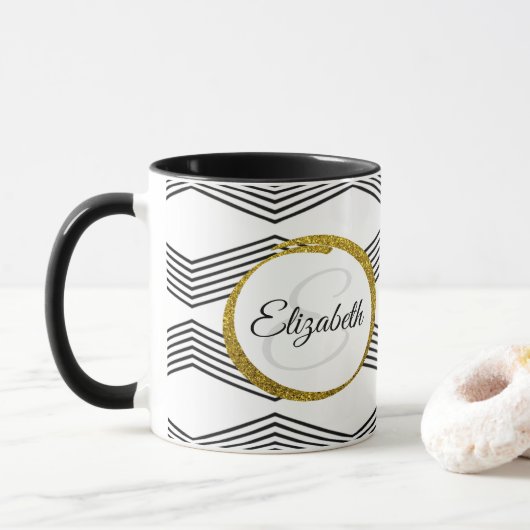 Mug Élégante lettre initiale Monogramme | Noir et blan (Avec donut)
