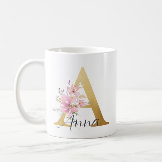 Mug Élégante lettre rose florale or Monogramme A (Gauche)