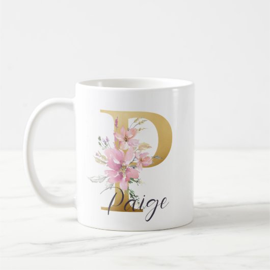 Mug Élégante lettre rose florale or Monogramme P (Gauche)
