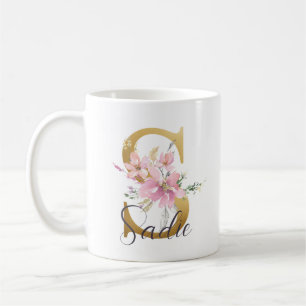 Mug Élégante lettre rose florale or Monogramme S