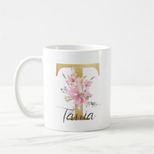 Mug Élégante lettre rose florale or Monogramme T