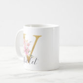 Mug Élégante lettre rose florale or Monogramme V (Devant gauche)