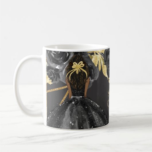 Mug Élégante princesse florale d'or noir Quinceanera (Gauche)