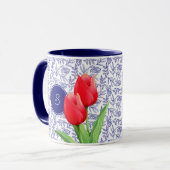 Mug Elégante Tulipes Rouges Printemps Floral Blue Mono (Devant gauche)