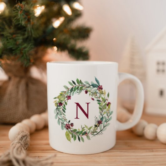 Mug Élégante verdure hivernale Bourgogne Monogramme Wr