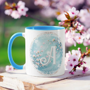 Mug Élégantes Initiales Fleur de Cerisier Turquoise Ro