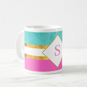 Mug Élégantes rayures roses et vertes avec monogramm
