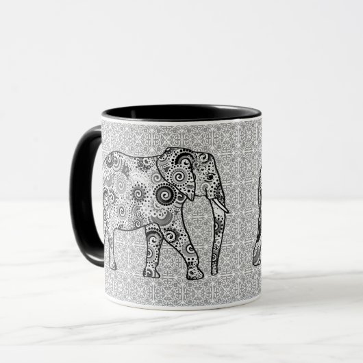 Mug Éléphale tourbillon fractal - gris, noir et blanc (Devant gauche)