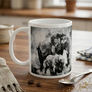 Mug Eléphant africain avec veau noir et blanc