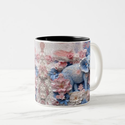 Mug Eléphant Bleu 3D avec fleurs (Devant droit)