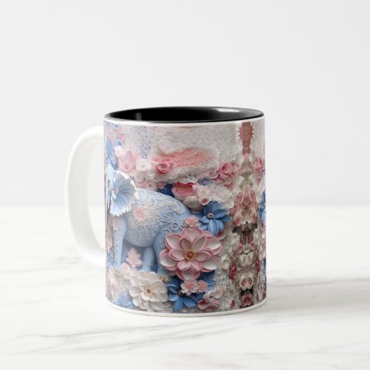Mug Eléphant Bleu 3D avec fleurs (Devant gauche)